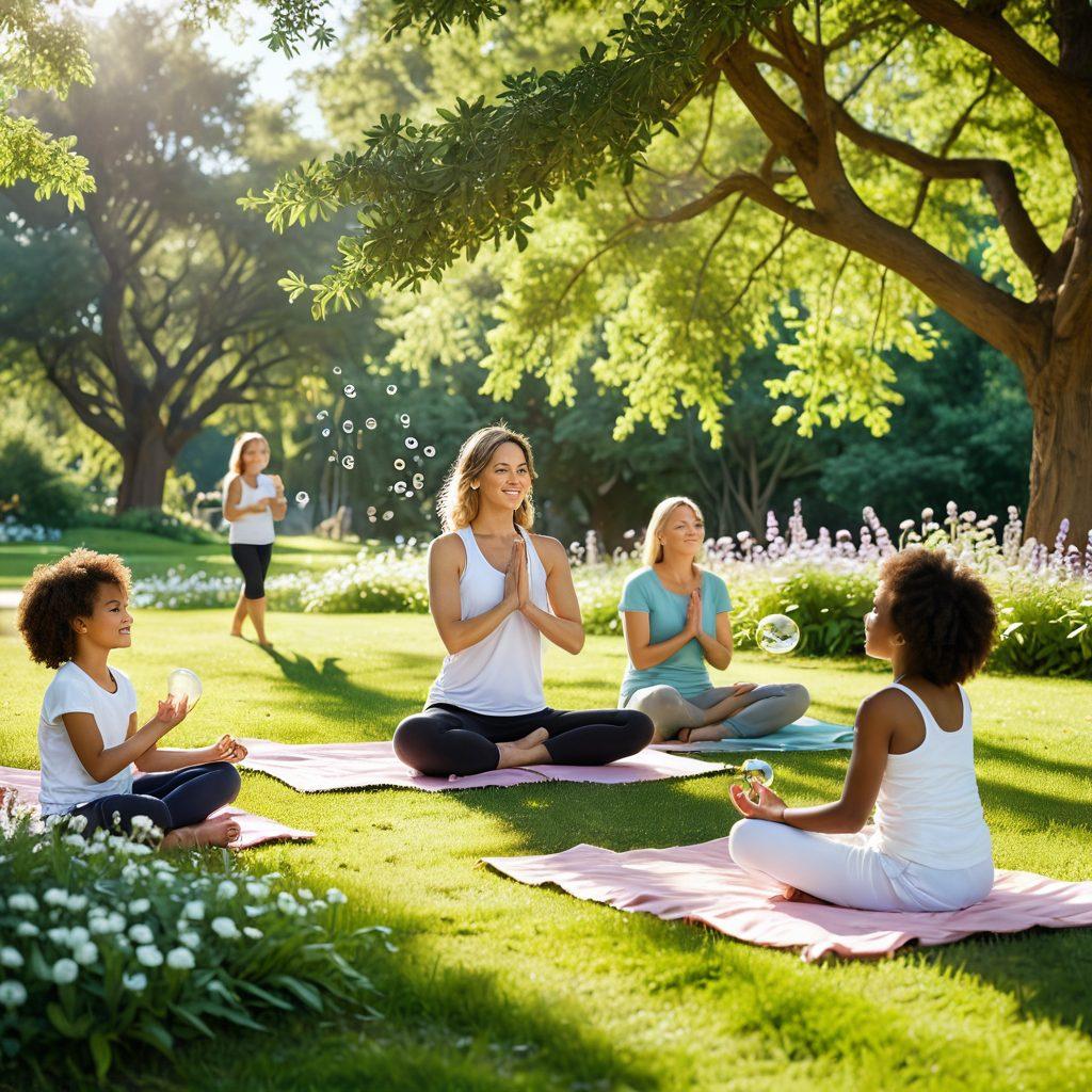 A serene morning scene featuring a diverse group of people practicing yoga in a sunlit park, surrounded by blooming flowers and lush greenery. In the foreground, a smiling child is blowing bubbles while a couple enjoys a picnic in the background, radiating joy and connection. The atmosphere is vibrant, filled with warm sunlight and soft colors, evoking a sense of peace and cheerfulness. super-realistic. vibrant colors. natural setting.