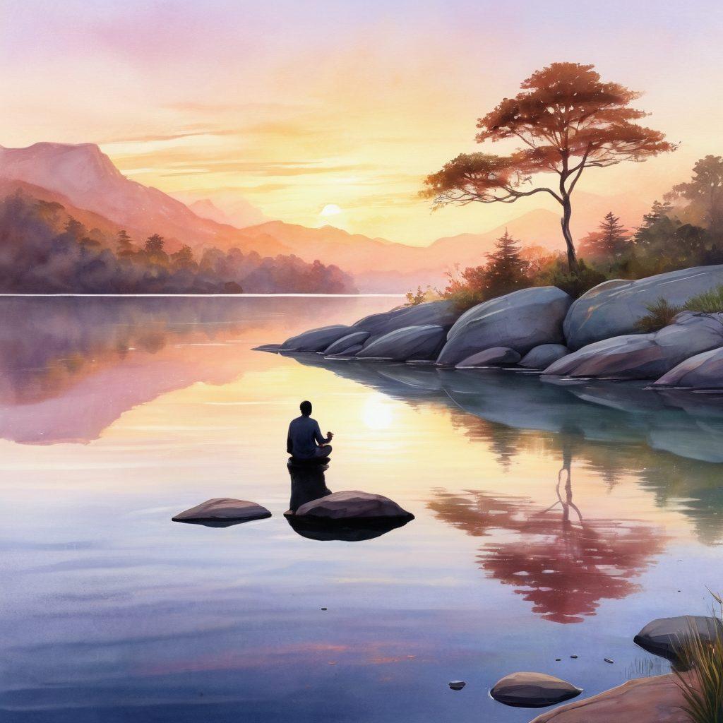 A serene landscape depicting a person meditating on a rock by a tranquil lake at sunrise, surrounded by lush greenery and soft, calming colors. Illustrate elements of resilience, like a sturdy tree bending with the wind, symbolizing strength and balance. Incorporate subtle waves in the water reflecting the warm colors of dawn. Consider using a soft watercolor style to enhance the peaceful atmosphere. watercolor, pastel colors, serene, tranquil.