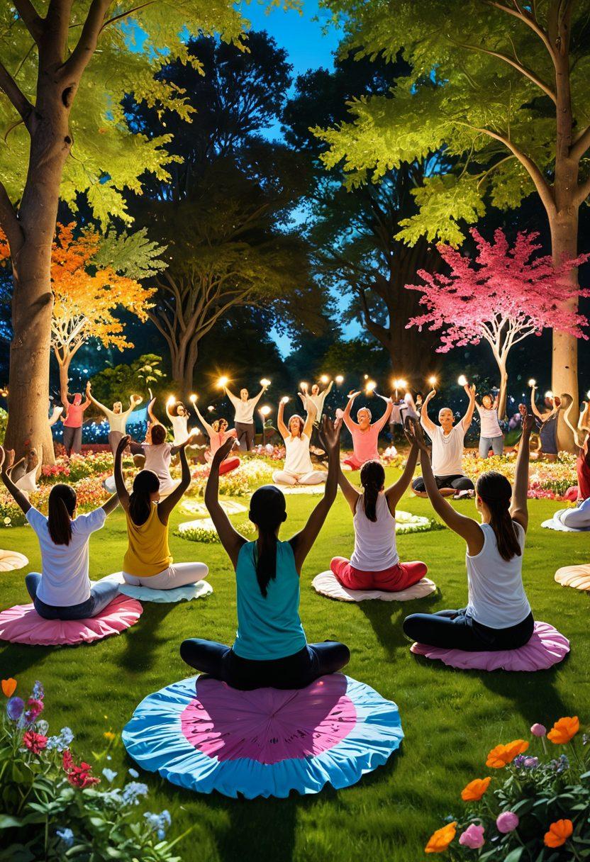 A vibrant scene depicting a diverse group of people engaging in joyful activities: laughing, dancing, and meditating in a sunlit park filled with colorful flowers and greenery. Include elements symbolizing happiness techniques like mindfulness, gratitude, and connection, like floating hearts or glowing light around the individuals. Bright and uplifting atmosphere to evoke feelings of joy and positivity. super-realistic. vibrant colors.